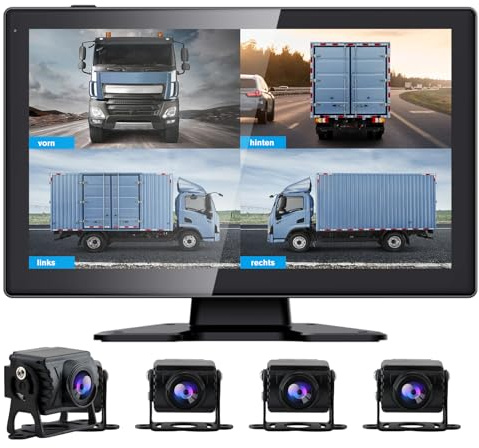 Junsun Rückfahrkamera 4 Kameras mit 10,1 Zoll HD Geteiltem Bildschirm | Rückfahrmonitor für Auto, LKW, Bus & Wohnmobil, Rückfahrassistent, Dashcam
