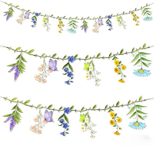 JKDHJK Blumengirlande 2M mit Schmetterlingen, wasserdichte PVC Wildblume Deko, Abnehmbar & Frei Kombinierbar zum Aufhängen für Geburtstag, Gartenparty, Hochzeit, Babyparty und Frühlingsdeko