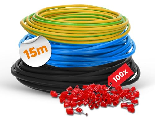 Lapp H07V-K 10 mm² Verdrahtungsleitung Set I 3 x 5 Meter Einzelader (schwarz, blau, grün-gelb) + 100 Aderendhülsen rot I Verdrahtungssatz 10 qmm für Zählerschrank | Verdrahtungssatz für Zählerschrank - 10 qmm Litze in Schwarz, Blau, Grün-Gelb - Inklusive 100 isolierte Aderendhülsen Rot