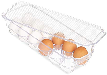 Relaxdays Eierbox, für 12 Eier, mit Deckel, stapelbar, pflegeleicht, Kühlschrank Eierbehälter, Kunststoff, transparent, 8 x 32.5 x 11.5 cm