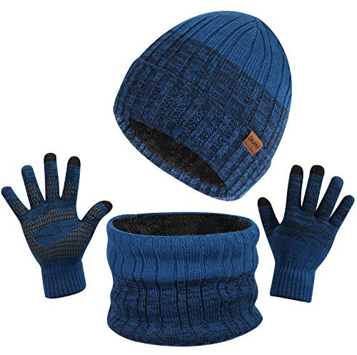 TAGVO 3-in-1-Wintermütze, Mütze, Schals, Set mit Handschuhen für Herren und Damen, Futter aus weichem Molton, Strickmütze, warm, Halswärmer, dehnbar, Touchscreen-Handschuhe mit 3 Fingern, Mütze, Schal