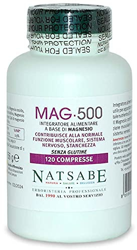 Magnesio MAG 500-120 Compresse - Integratore di Magnesio da 3 Fonti - Senza glutine e lattosio - Funzione Muscolare, sistema nervoso, Stanchezza, Antiossidante, Magnesium - Natsabe