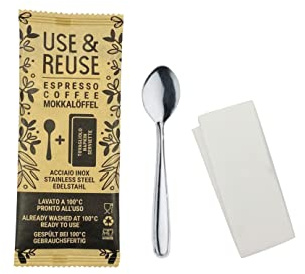 Pintinox, Lot de 100 emballages cuillères moka entonnoir Use&Reuse avec nappe, acier inoxydable nickel free, alternative à la plastique jetable