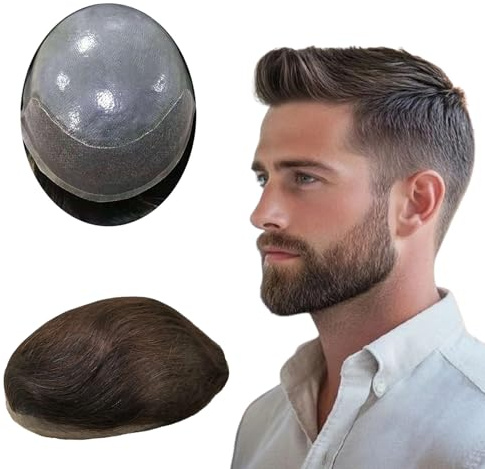 NLW Echthaar Toupet für Männer Vorderseite aus Spitze, Rückseite aus PU haarsystem mann Europäisches haarteil für männer natürliche Haarlinie herren toupet Basis10x8 (#2 Dunkelbraun)