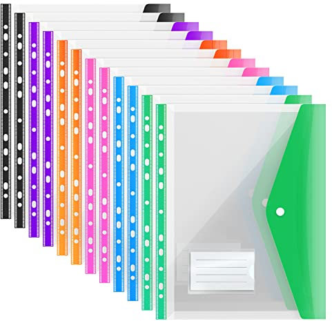 ABC life12er Pack Dokumententasche A4 Abheftbar,Erweiterbare Lochtaschen,A4 Sichttasche Dokumenten Mappen Brieftaschen Tasche für Dokument Organisieren mit Nruckknopf und Etikettentasche,6 Farben