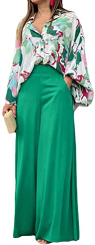 ORANDESIGNE 2 Pezzi da Tuta da Donna Sciolto Camicia a Maniche Lunghe con Pantaloni Ufficio e Lavoro Tailleur Elegante Business Suit Set Moda Abiti Set per Ufficio A Verde M