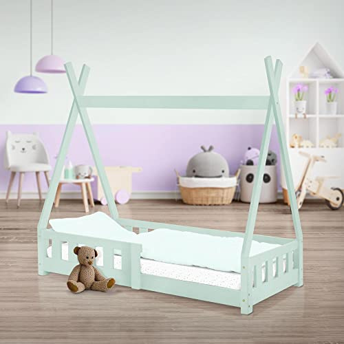 ML-Design barnsäng tepee 70x140 cm mintgrön med fallskydd och lamellram, furu, indisk säng av massivt trä för flickor och pojkar, hus säng med staket barnhus ungdomssäng