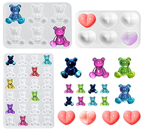 DeryArcle 3 Pzs Stampo Cuore Silicone, Stampo Orso 3D per Resina Epossidica, Stampi per Colata in Resina Gioielli per fai da te Portachiavi Pendente Artigianato