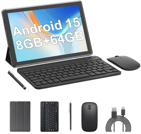 2 in 1 Tablet 10 Inch Android 15 Tablets with Keyboard 64GB ROM 8GB RAM Support 1TB expansion 10.1 Tablet include Mouse Case Stylus Tab 8MP+2MP Cameras 6000mAh Battery Bluetooth Wifi6 Android Tableta