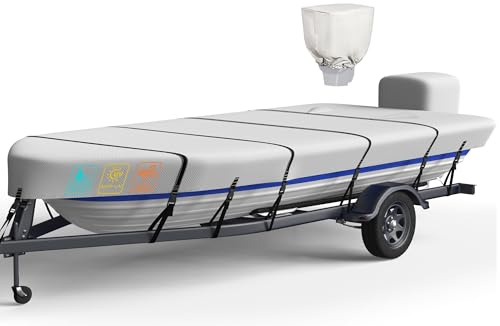 Heavy Duty 5 Layers 1200D Jon Boat Cover 14ft - 16ft with Motor Cover, 100% Waterproof Trailerable Jon Boat Covers 14-16 Foot with 9+4 Pcs Windproof Straps
