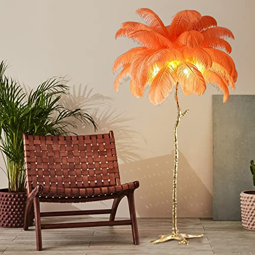 KISFWIU Stehlampe, Straußenfederlampe mit 35 Federn, Goldener Lampenmast aus Harz, große Stehlampe, geeignet für Schlafzimmer und Wohnzimmer, 170 x 110 cm (orange)