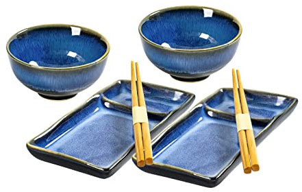 Ceramic Japanese Appetizer Sushi Plates and Bowls Set for 2 | 7 Rectangle Sushi Serving Dish, 10 oz Soup/Rice Bowl & Chopsticks (Reactive Blue)