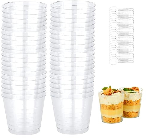 50 Stück Desserttassen mit 50 Stück Löffeln, 6.7 OZ / 200ML Schnapsbecher, Dessertgläser Wiederverwendbar für Eiscreme Food, Dessert Party Picknick