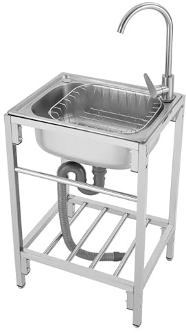 Stainless Steel Freestanding Single Bowl Basin Sink with Hot Cold Faucet and Storage Shelves Commercial Hand Wash Basin Sink For Laundry Kitchen Utility Single Bowl (19.6x15.7x29.5 Inch)