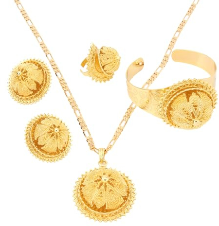VALKEM Äthiopien Schmuck Sets Goldfarbe Braut Hochzeit Großer Anhänger Halskette Armreif Ohrring Ring Afrika Eritrea Habesha Schmuck Hochzeit Jubiläum, Valentinstag, Weihnachten, Geburtstagsgeschenke