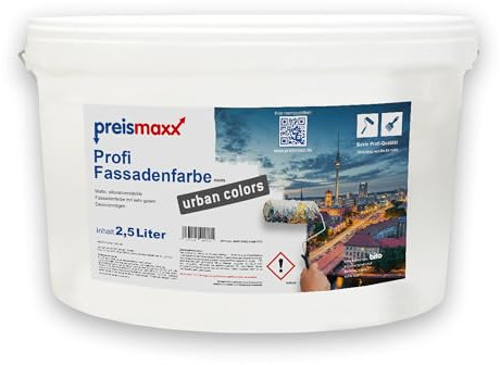 Preismaxx Profi Fassadenfarbe Außenfarbe, weiß, white 2,5L, matte, wasserabweisende Aussen-Dispersion, hohe Wasserdampfdurchlässigkeit