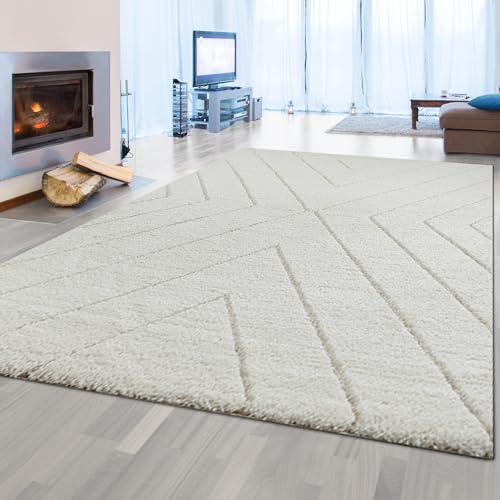 Teppich-Traum Hochflor Teppich 3D-Rautenmuster Weiß Creme 160x230 cm | Flauschig weich, pflegeleicht, strapazierfähig, seitlich gekettelt und OEKO-TEX geprüft, für Wohn- & Schlafzimmer