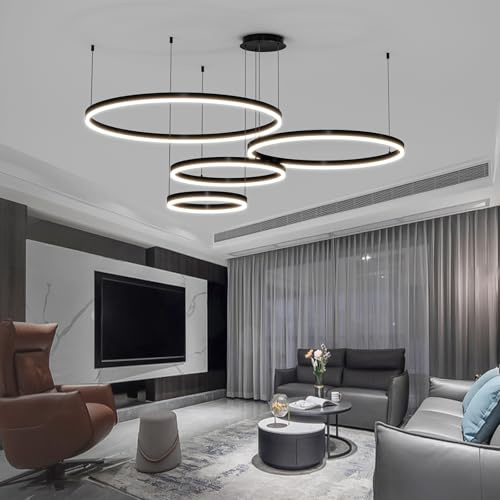 LED Pendant Light for Kitchen Island, 4-Ring Black Modern Chandelier, Dimmable 3000K-6500K, Adjustable Height, Remote Control, Hanging Ceiling Lighting Fixture for Dining Room, Living Room Lamp