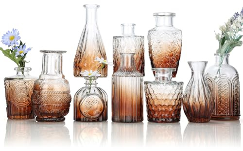 Glass Bud Vase Set of 10, Mini Amber Bud Vase for Centerpieces in Bulk, Small Vintage Flower Vases for Weddings Parties Home Table Decorative