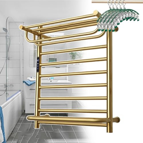 HSWOYEA Portasciugamani Elettrico, Scaldasalviette a Parete con Controller LED (Tempo e Temperatura), Portasciugamani Riscaldato Elettrico per Uso Domestico/Hotel 80W Riscaldamento 5 Minuti,Gold