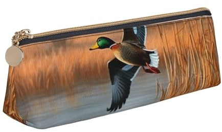 KCGSDEGV Federmäppchen, Motiv: Jagd, fliegende wilde Ente, 1 bedrucktes Dreiecks-Federmäppchen, niedliches Leder-Federmäppchen, Stiftetasche, Halter, Schreibwaren-Organizer, Box für Schule,, weiß,
