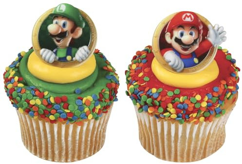 DecoPac Super Mario Rings, 24 Nintendo Cupcake Decorations Featuring Mario And Luigi, Cake Toppers For Birthday, Gaming, Party - 24 Pack