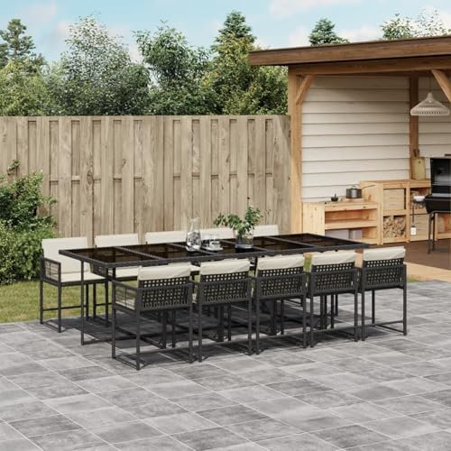 Somanki 11-TLG. Garten-Essgruppe mit Kissen Schwarz Poly Rattan, Esstisch Mit Stühlen Set, Gartenmöbel Sitzgruppe, Balkon Möbel, Gartenlounge Set, Terrassenmöbel, Balkonmöbel Set - 3211470