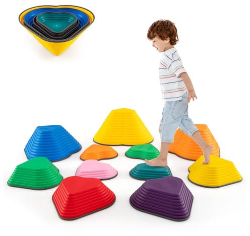 COSTWAY 11-Piece Kids Stepping Stones, Children Obstacle Course Stackable Balance Blocks with Full Non-Slip Edge, Heart-Shaped Balance Stones for Toddlers