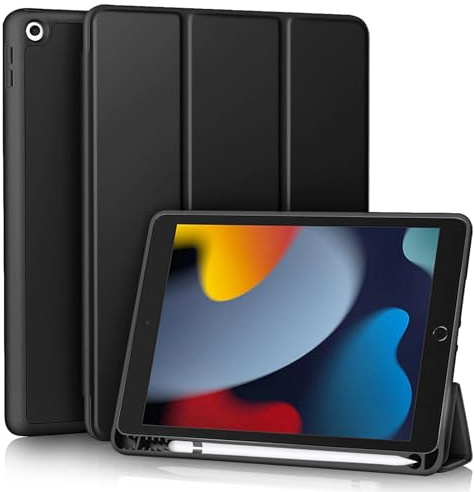 EspZanthic Hülle für iPad 9 8 7 (10,2 Zoll, Modell 2021 2020 2019, 9. 8. 7. Generation) mit Stifthalter, Displayschutzfolie, Auto Wachen/Schlafen, Schwarz