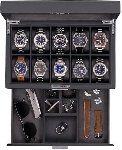 ROTHWELL Caja de reloj de cuero con 10 ranuras y cajón de valet, organizador de lujo con forro de microgamuza, soporte para joyas y gafas de sol