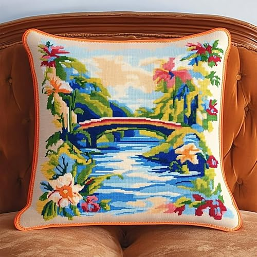 XDEGHUANGSS Kit creativo cojín de ganchillo con bordado, ocio creativo DIY 43 x 43 cm, incluye aguja y hilos, regalo para adultos, principiantes, funda decorativa para casa, puente sobre el río