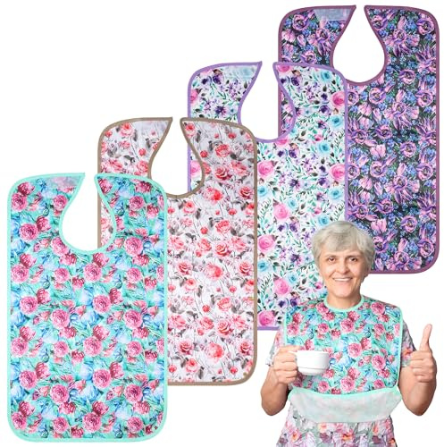 Barklincharm 4 Pack Adult Bibs for Women, Reusable Waterproof Large Feeding Adult Bibs, Eating Cloth for Elderly Seniors and Disabled