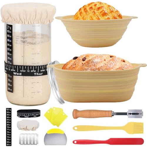 Sourdough Starter Kit, 12PCS Sourdough Bread Baking Supplies, Silicone Banneton Bread Proofing Basket Set of 2, Sourdough Starter Kit Beginners for Baking Lovers