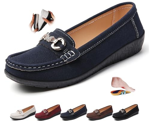 ZPLMIDE Mocassini da donna in pelle scamosciata ortopedica, mocassini retrò da donna, mocassini da guida, comodi, alla moda, con zeppa, scarpe da barca con tacco a cuneo, Blu, 43 EU