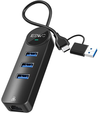HUB USB A/C Ethernet, JESWO 4-en-2 Adaptateur USB Ethernet avec LAN 1000Mbps RJ45 + 3 Port 5Gbps USB 3.0 pour Mac OS, Chrome OS, iPad OS, Windows, etc