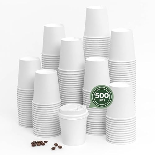 Maxi Products - 500 Vasos Cartón Blanco + Tapa Blanca - 200 cc (7 oz) - Vasos Desechables para Café para Llevar - Reciclables - Apto Alimentos Calientes - TAKE AWAY