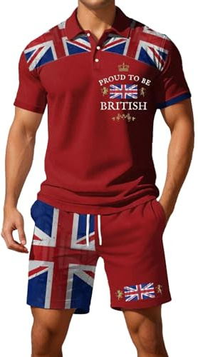Queen's Official Birthday Shirt Men British National Day Britain Day Polo Shirt and Short Two Piece Set British Flag Short Sleeved Shirt Britain Street Party Celebration Shirts Red