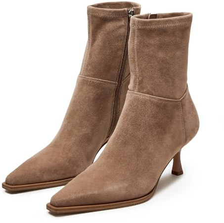 JORISTIMO Ankle Boots for Women, Dressy Pointed Toe Kitten Heel Booties, Brown Suede, 7.5 UK