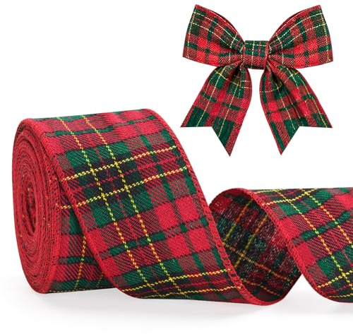 KINGLAKE Tartan Wired Ribbon, 10M 2.5 Inch Wide Green Red Plaid Christmas Burlap Ribbon, Xmas Wired Ribbons for Wreath Bows Making, Christmas Tree Decorations, Gift Wrapping, Crafts