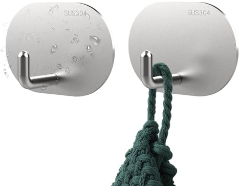 Mandouer Klebehaken Extra Stark, Handtuchhaken Ohne Bohren Silber, 2 Stück | Edelstahl Wandhaken selbstklebend, Handtuchhalter für Bad, Toilette und Küche, wasserfest und rostfrei, hält bis zu 6kg