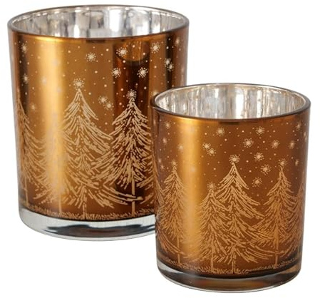 2 STK Windlichter Tannenbäume braun Gold b535 Kerzenhalter Dekohäuser Shabby Chic Weihnachtsdeko matt Geschenk Teelichthalter Windlicht Set Weihnachten
