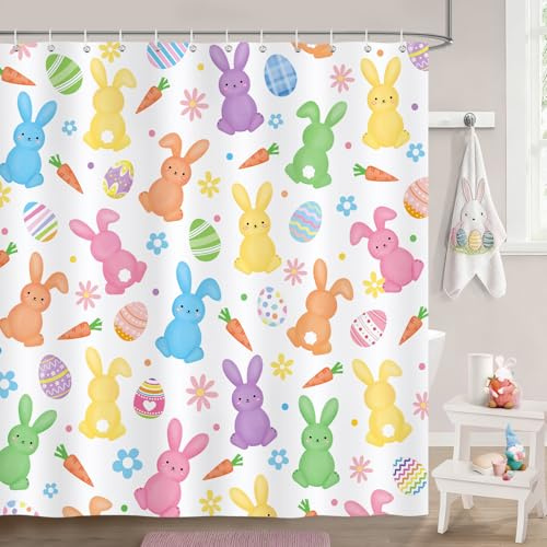 Bonhause Cute Bunny Shower Curtain, Flower Eggs Easter Bathroom Curtain 180 x 180 cm Waterproof Mildew and Mould Resistant Polyester Fabric Bath Curtain with 12 Hooks