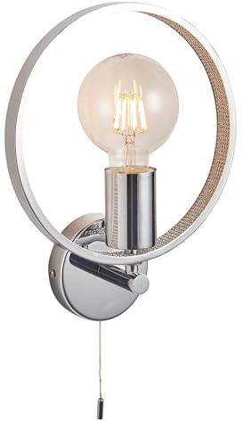 National Lighting Hoop Wall Light - Chrome IP44 Rated, Bathroom Wall Lamp, Dimmable Bathroom Lamp with Pull Cord - Modern Circular Steel Aluminium Acrylic Fitting, E27 LED Compatible Indoor Sconce