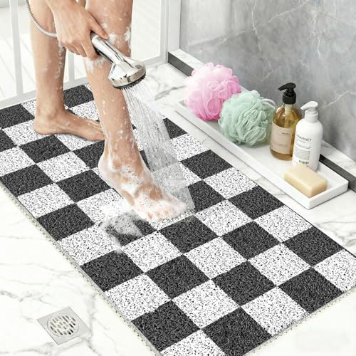 Luffa Duschmatte rutschfest 40x60 cm kariert, Schnelltrocknende & Schimmelresistente PVC Badematte, Antirutschmatte für Dusche, Waschbare Duschunterlage für Badezimmer, Schwarz Weiß kariert