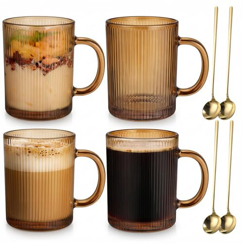 Anhow Juego de 4 Vasos de Vidrio, 350ml Tazas de Vidrio Borosilicato con Asa, Tazas de Café de Cristal Taza de Desayuno, Diseño de Rayas Verticales, Tazas de Té Vintage para Leche, Café, Avena - Oro