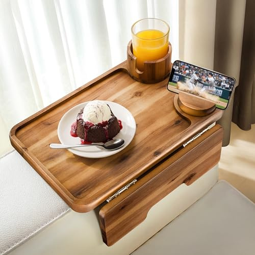 HOLANA Acacia Wood Couch Arm Tray, 15.74”x9.8” Arm Table for Couch - Couch Cup Holder Tray with Rotated Phone Holder, Cup Holder - Clip on Sofa Armchair Caddy with Non-Slip Pad (Acacia)