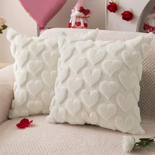 Kissenbezug 45x45, Valentinstag deko, 2 Stück Kissenbezug mit Herz Design, Weiche Plüsch Kissenbezüge aus Pillow Case, Plüschige Dekokissen für Betten, Sofas, Wohnmöbel, Urlaubsdekoration (Weiß)