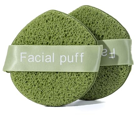 Larminly Spugnette Viso Struccanti Rimozione Make Up Trucco Detersione Quotidiana Delicata Pulizia Viso Set da 2 con Fascia in Raso Per Tutti i Tipi di Pelle (color verde)