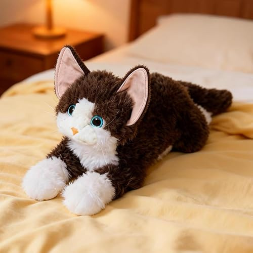 Xiyocadt Süßes Devon Katzen Plüschtier, Bauchlage Katze Lebensecht,Devon Katzen Plüschtiere,Kuschelkatze,Kuschelkissen für Kuscheln Spielen (45cm/17.71zoll,Braun)