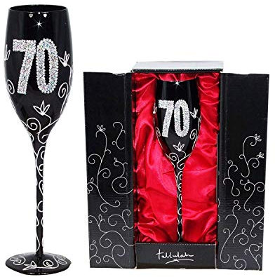 COPA CAVA (CHAMPÁN) PARA REGALO ORIGINAL DE CUMPLEAÑOS, CON LOS NÚMEROS DE LAS EDADES GRABADOS (70 AÑOS NEGRA)